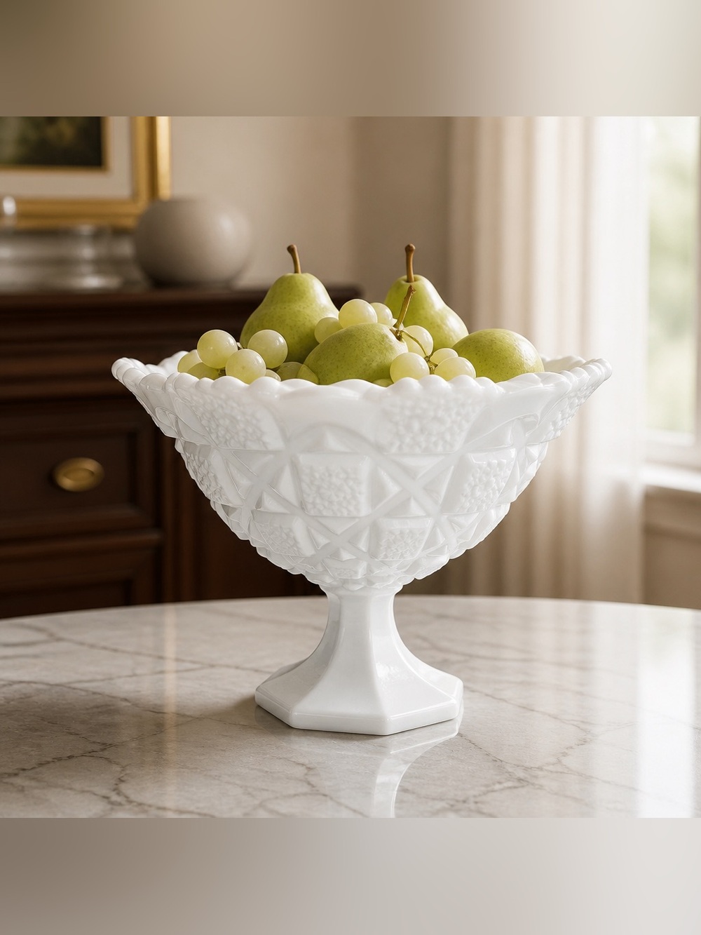 Westmoreland Milk Glass Pedestal Compote featuring the Old Quilt pattern.